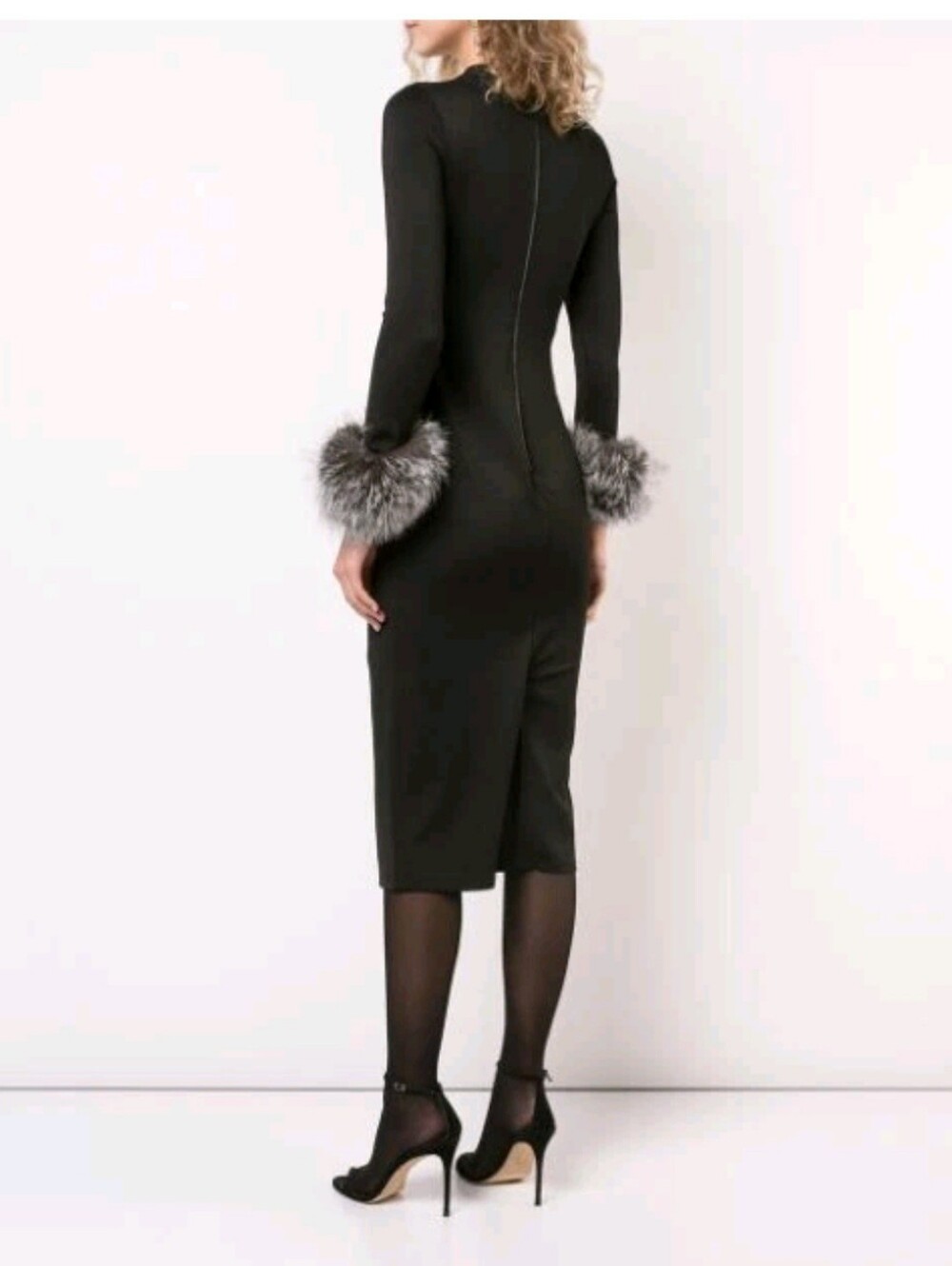 ALICE + OLIVIA Delora Fox Fur-cuff Sleeve Black Midi Dress. Size 4 $550 - Picture 8 of 12